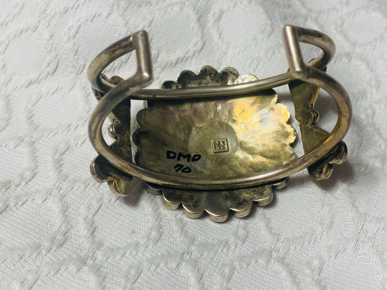 Native American RARE Vintage Zuni Signed Sterling Shell & Coral Cuff Bracelet