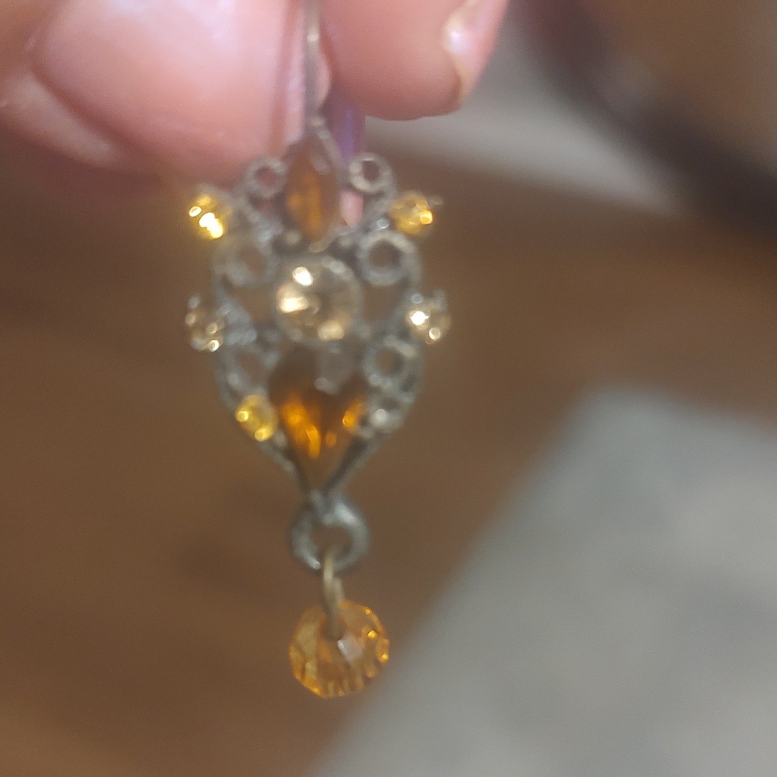 Vintage 90s Silver Tone Amber Crystal Dangle Drop Hook Earrings for Lobe Pair