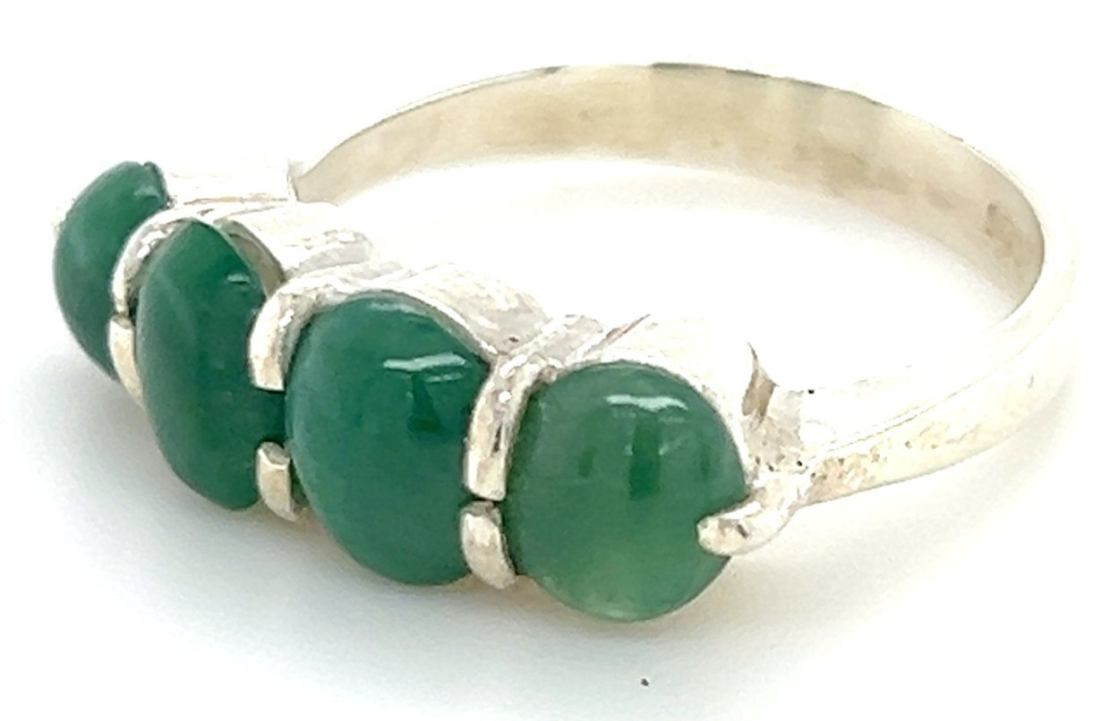 Type A Imperial Green Jadeite 4-Stone Ring 925 Silver Sz7.5