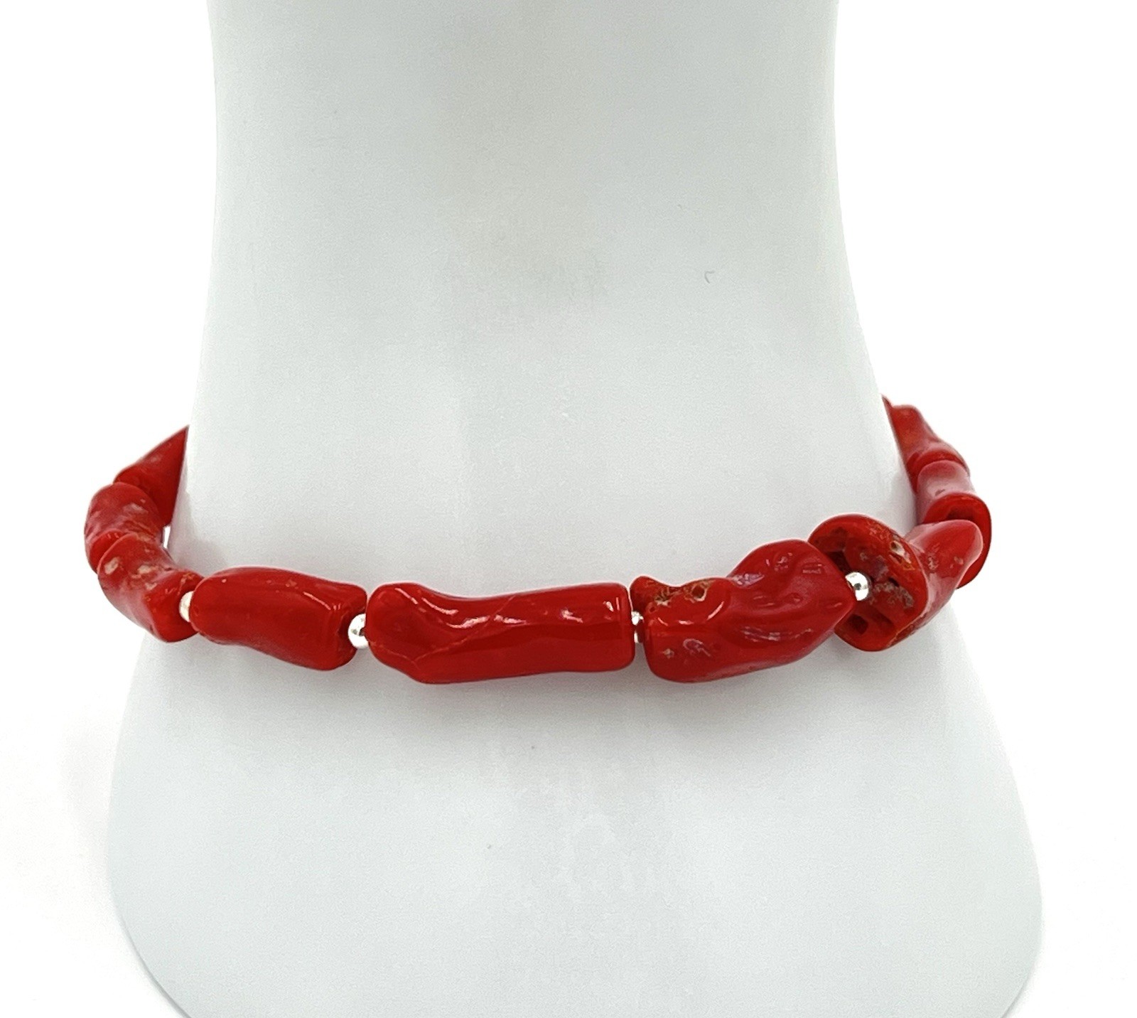 Natural Mediterranean Red Coral Bracelet 19.5cm 925 Silver Unisex Handmade