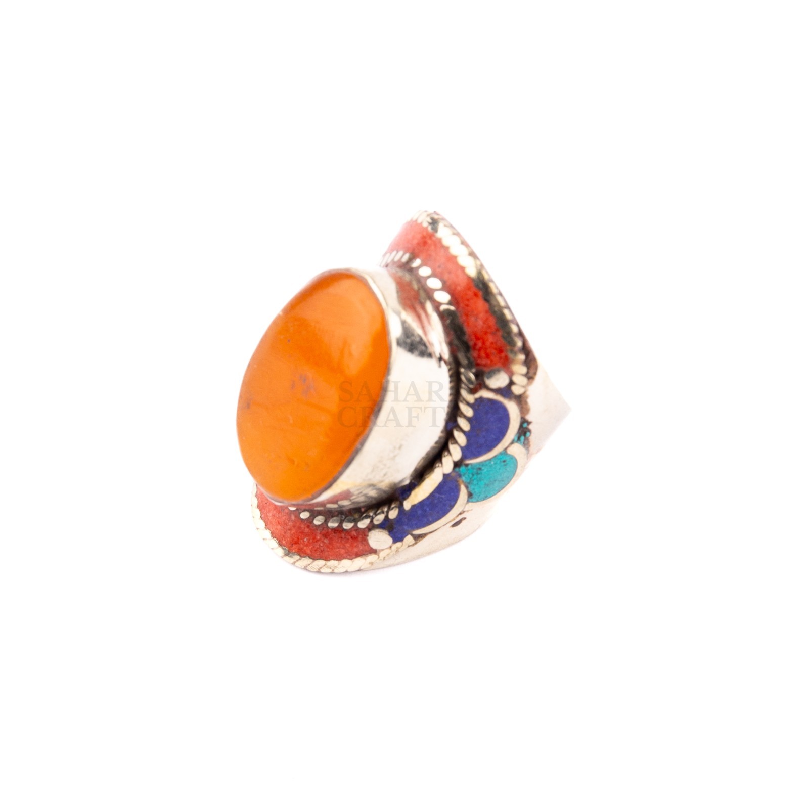 Tibetan Ring, Orange Coral Lapis Lazuli Stone, Traditional Tibetan Bead Jewelry,