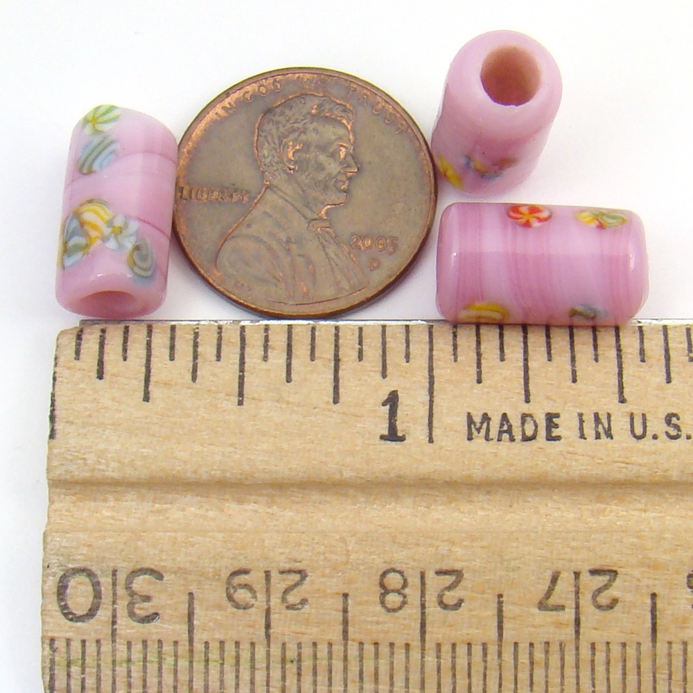 8 Vintage Japan lampwork large hole opaque pink glass murrine beads avg 14mm