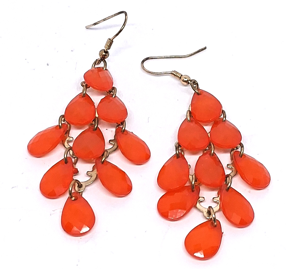 Vintage Orange Semi-Transparent Teardrop Dangle & Drop Pierced Hook Earrings