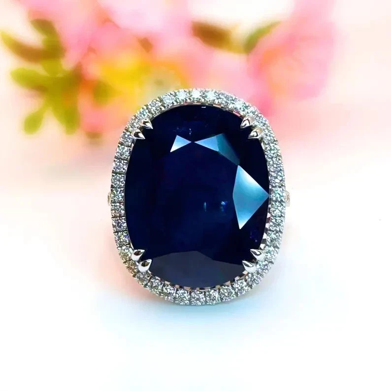 7.20Ct Cushion Cut Natural Blue Sapphire Diamond Engagement Ring 14K White Gold