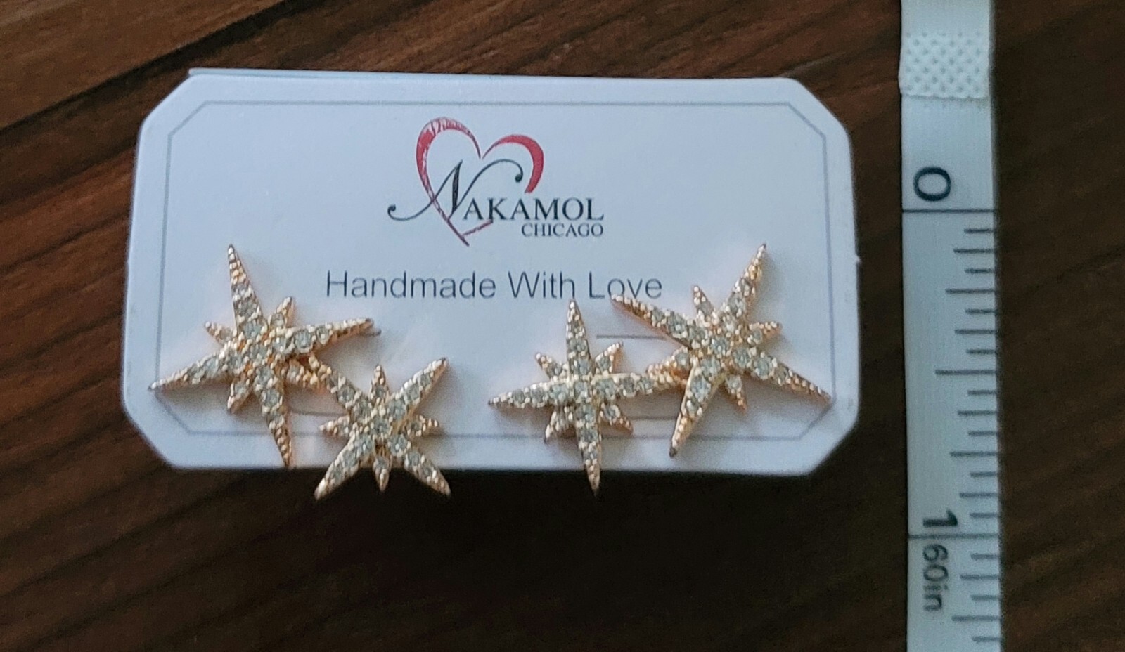 NWT NAKAMOL CHICAGO HAND MADE DOUBLE STAR STUD EARRINGS GOLD PLATED BRASS CZ