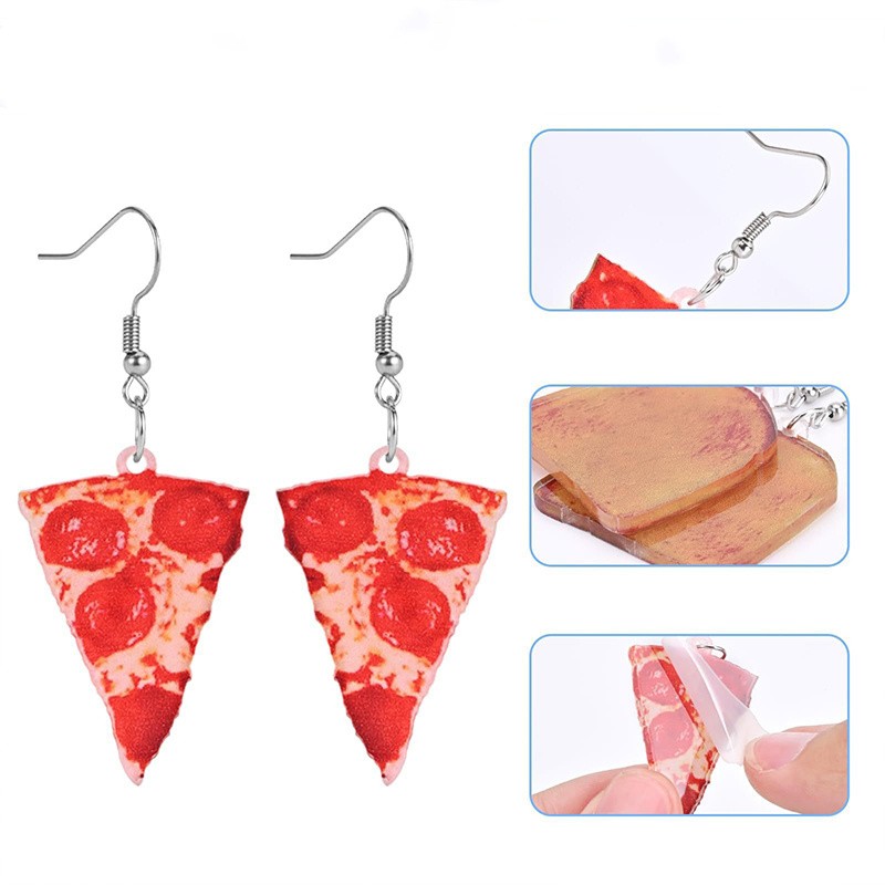 4 Pairs of Fun Acrylic Omelet, Pizza, Toast, and Bacon Food Pendant Earrings