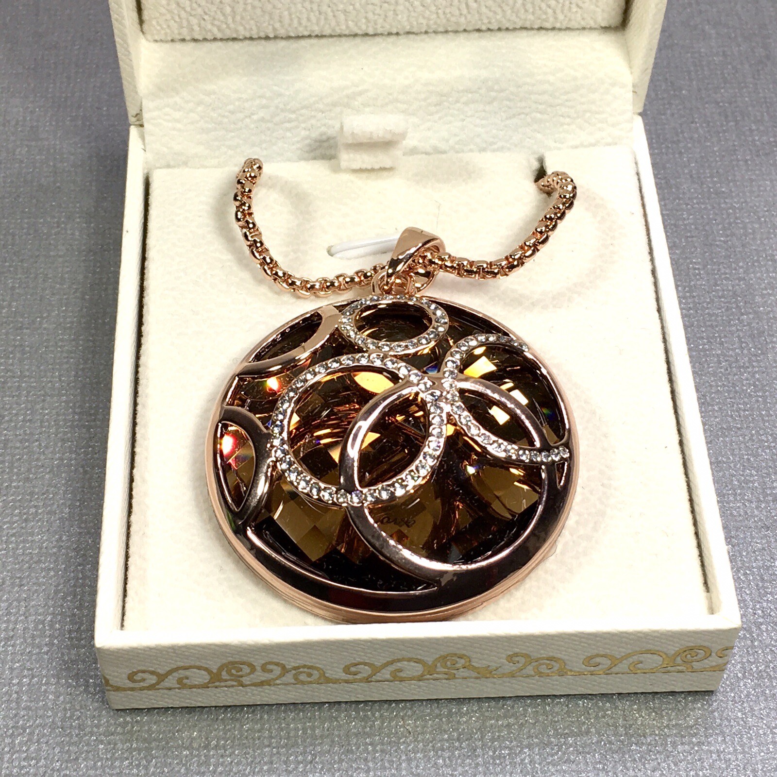 Qianse Fashion Rose Gold Color Amber Rhinestone Chunky Pendant W/ 32″ Box Chain