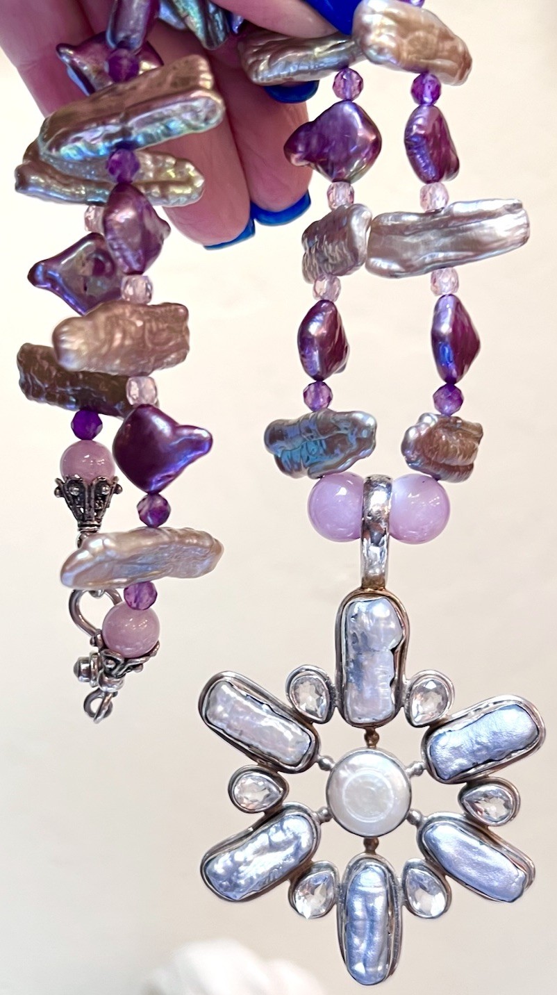 BEAUTIFUL Sterling Silver Purple, Blue, Silver Lustrous Pearl & Zircon Necklace