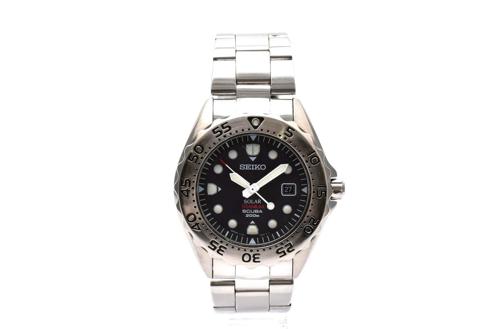 【Exc+5】 SEIKO V145-0AH0 Solar Titanium Vintage Black Dial Scuba 200m Men’s Watch