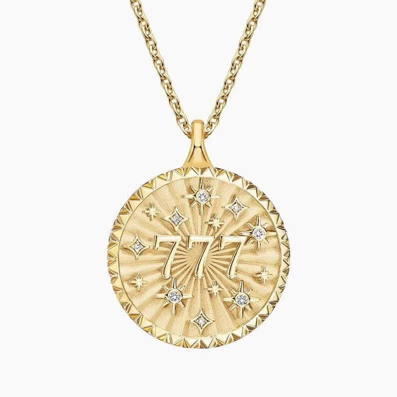 14k Gold Plated Angel Number 777 Medallion Pendant Lab Created Diamond Necklace