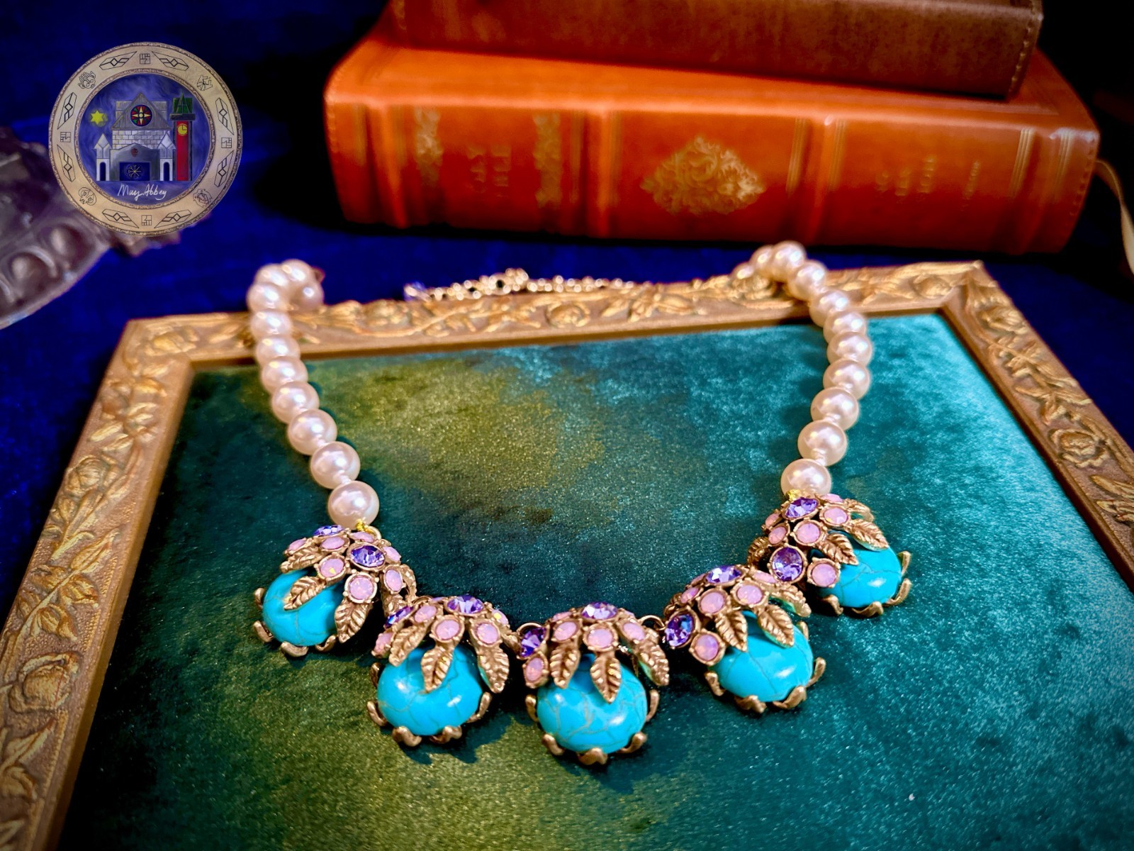Sea Green Pearl Beaded Floral Vintage Style Necklace Antique Brass Tone