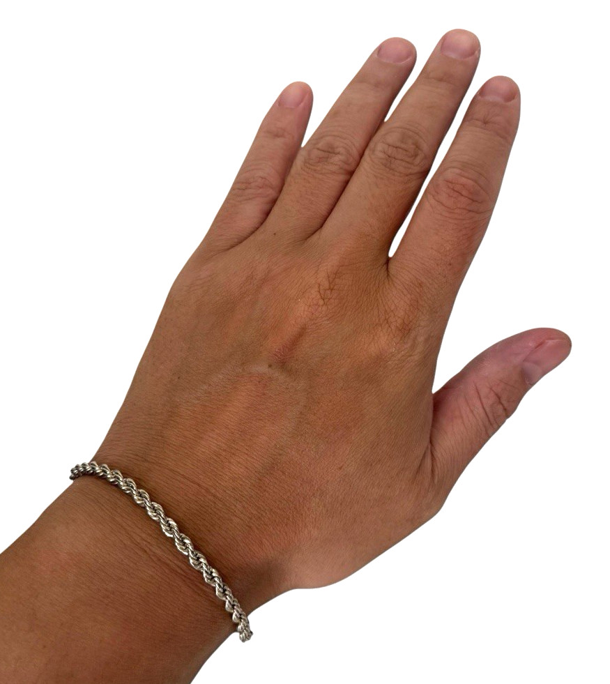 Solid Sterling Silver 925 4mm Rope Chain Bracelet 7.5 Inch