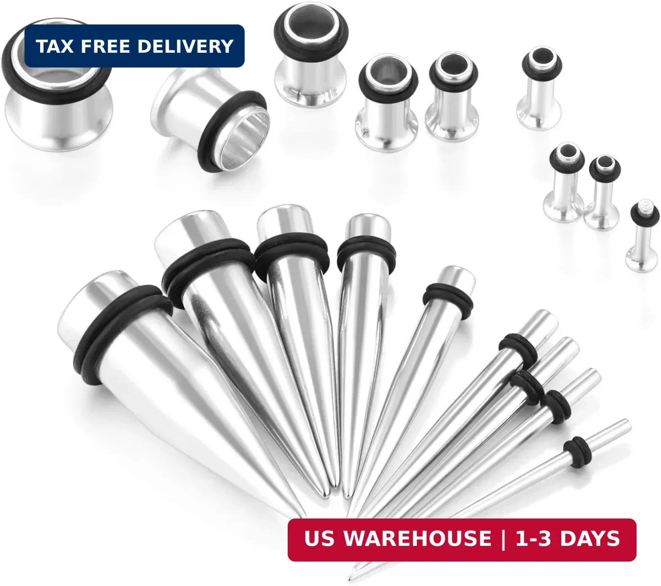 vcmart 14G-00G 36 pcs Ear Gauges Stretching Kit Tapers Plugs Eyelets Implant Gra