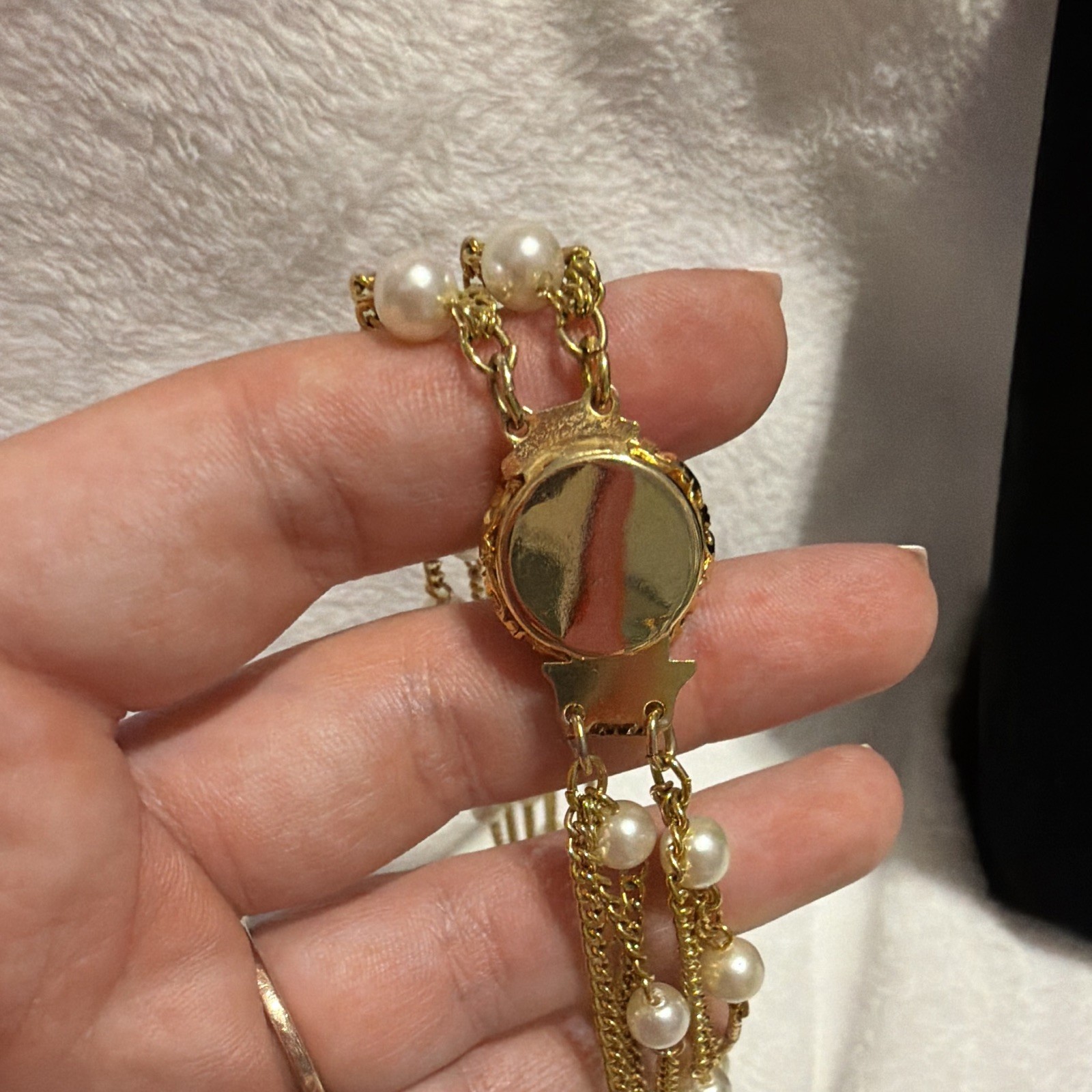 Gold Tone Layered Multi-Strand Chain Necklace w/ Simulated Pearl Station Pendant