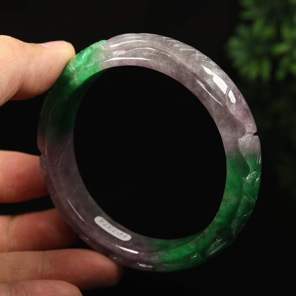 64mm Lavender Purple Green Jadeite Jade Bangle Bracelet Bat Ruyi Fish A-14801