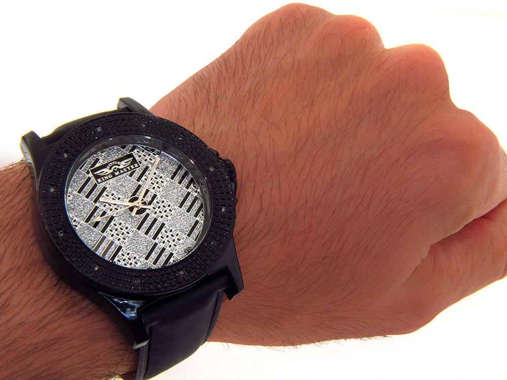 KING MASTER DIAMOND WATCH BLACK FACE LARGE BLACK CASE BAND SUPER TECHNO JOJINO