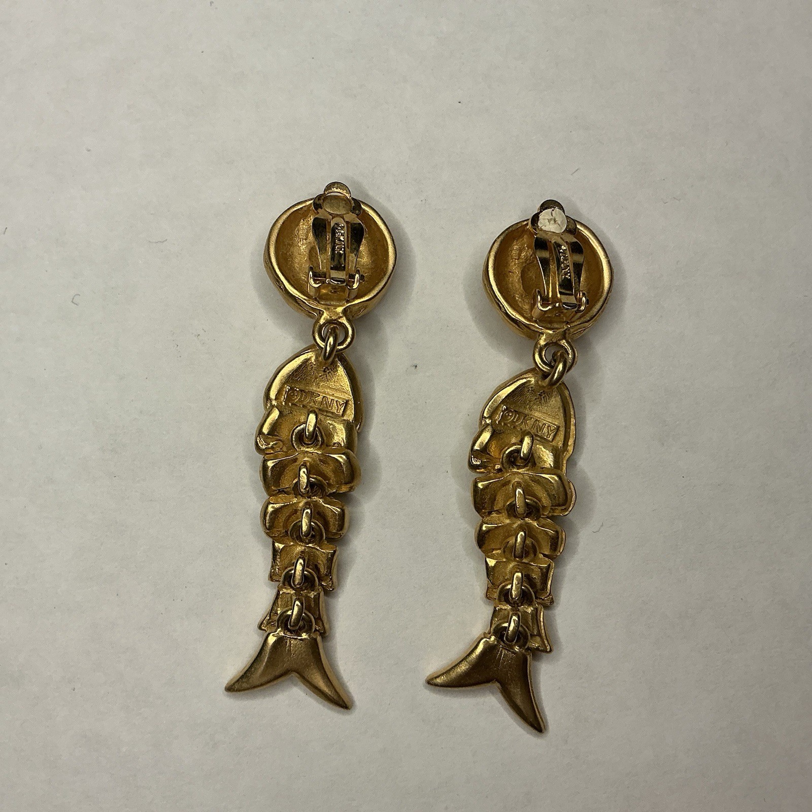 Vintage DKNY Donna Karan RARE Gold Plate Articulated Fish Clip On Earrings