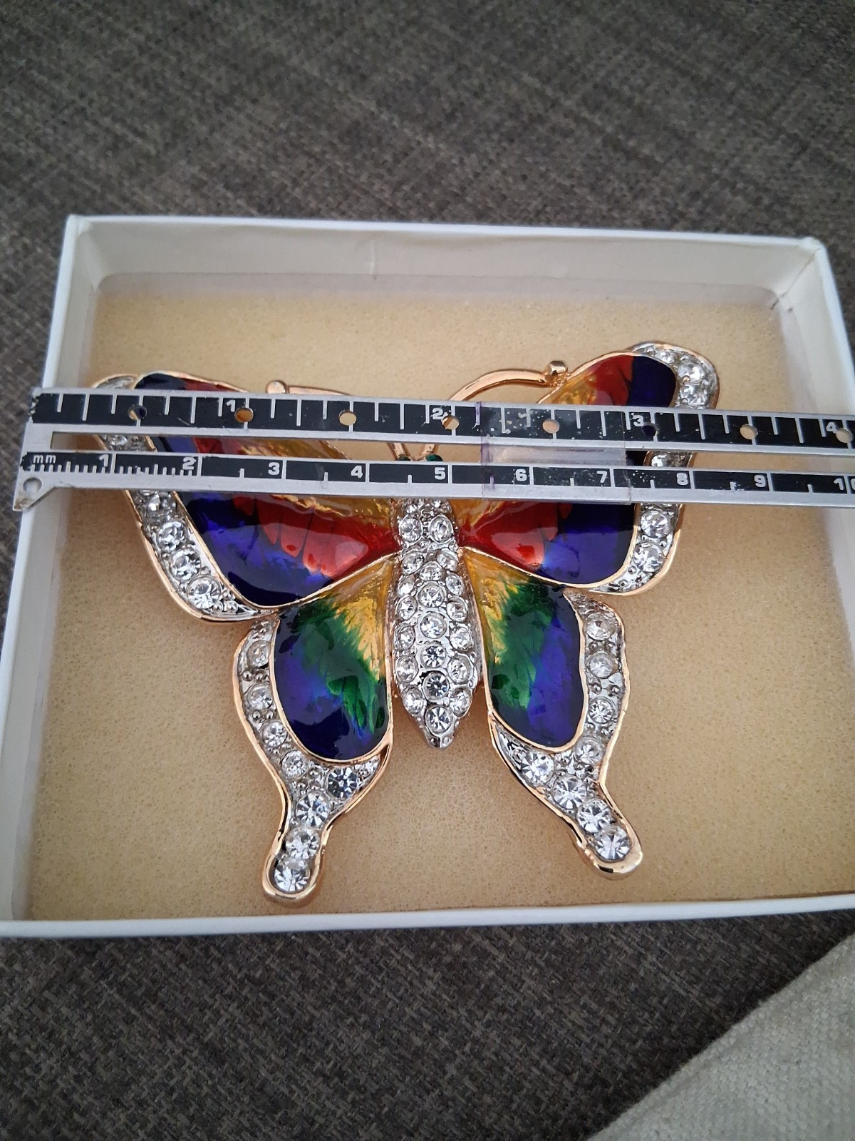 3-1/2″ Vintage Butterfly Enamel Rhinestone Brooches with Boxes