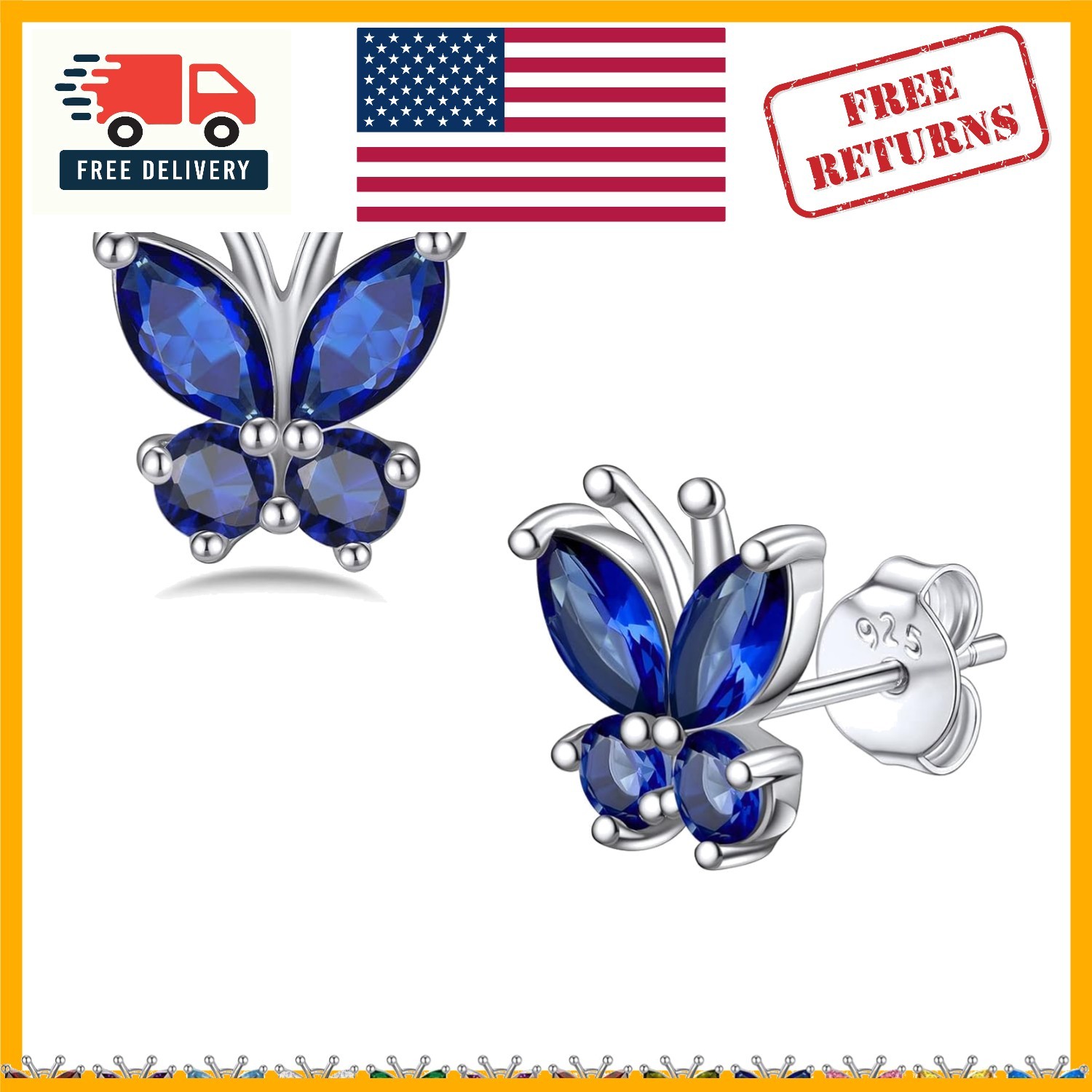 Elegant Gold Butterfly Studs with Created Sapphire – Perfect for Every Occasion