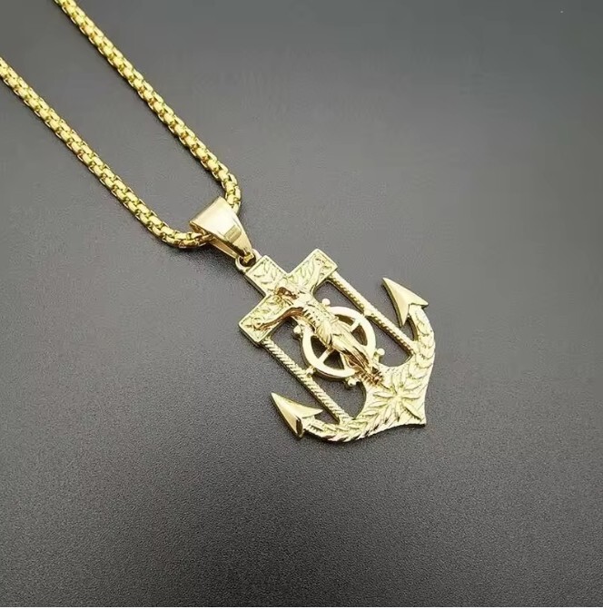 Hip Hop Titanium Steel Gold-Plated Jesus Christ Cross Anchor Religion Necklace