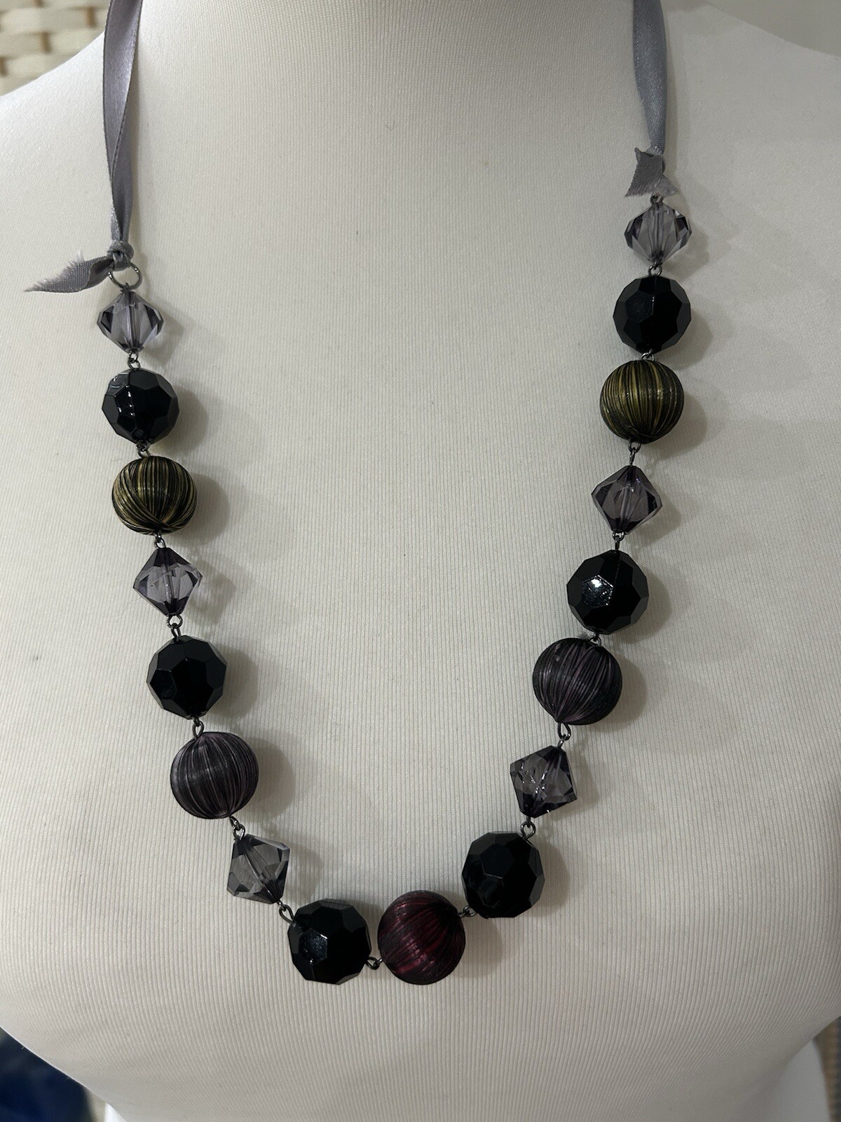 Boho Antique Designer Look Black & Multicolour Necklace Covered Bead Ribbon