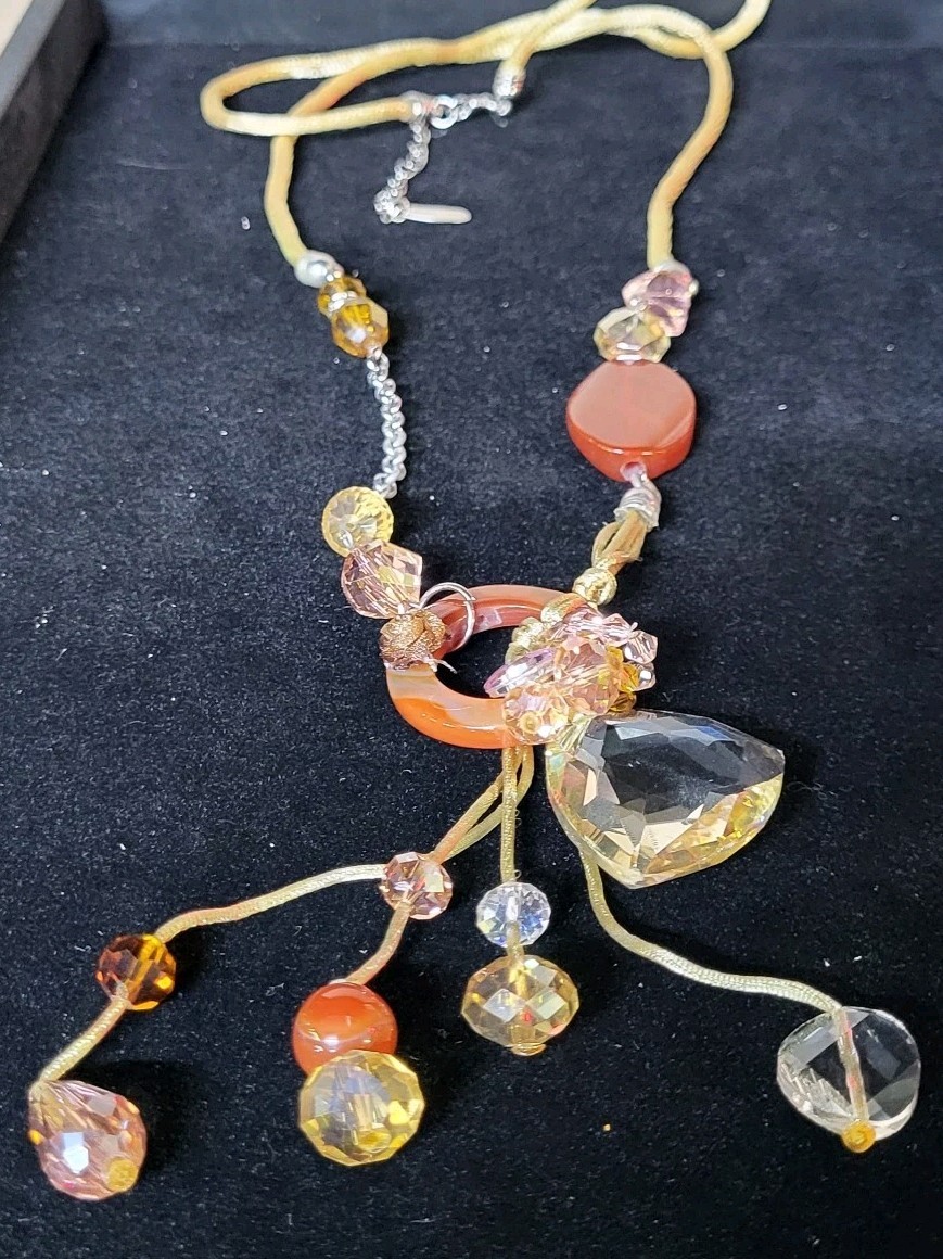 Murano Crystal Necklace Pendant Drops Venetian Glass Cord Adj. VTG STUNNING Boho