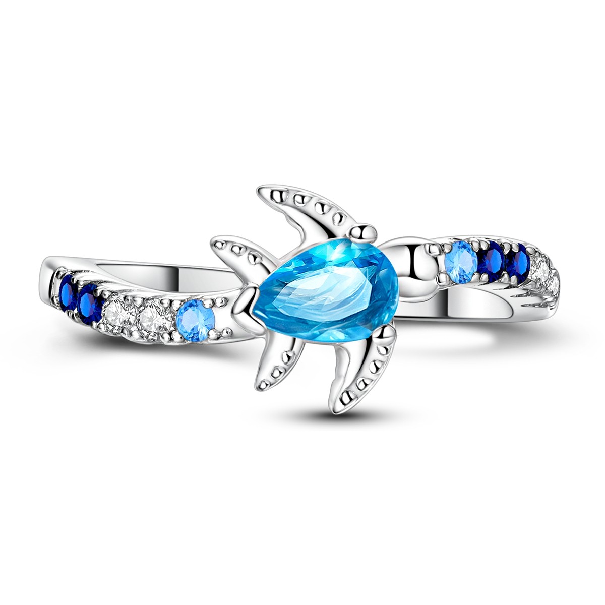 LAZA Original 925 Sterling Silver Ring Blue CZ Turtle Roaming for Women Jewelry