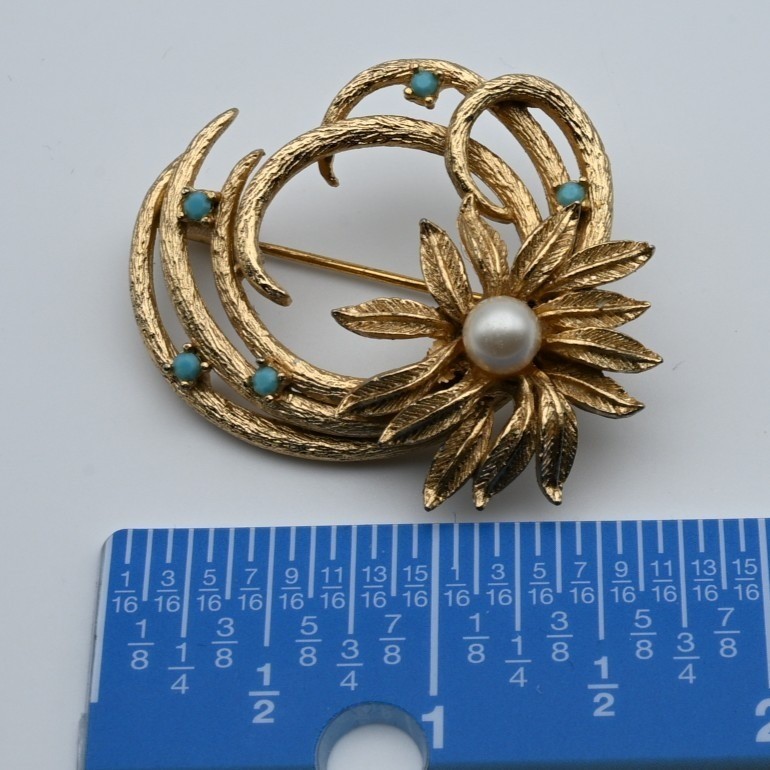 Vintage Gold-Tone Flower Brooch Faux Pearl Turquoise Accents Pin France 1950s