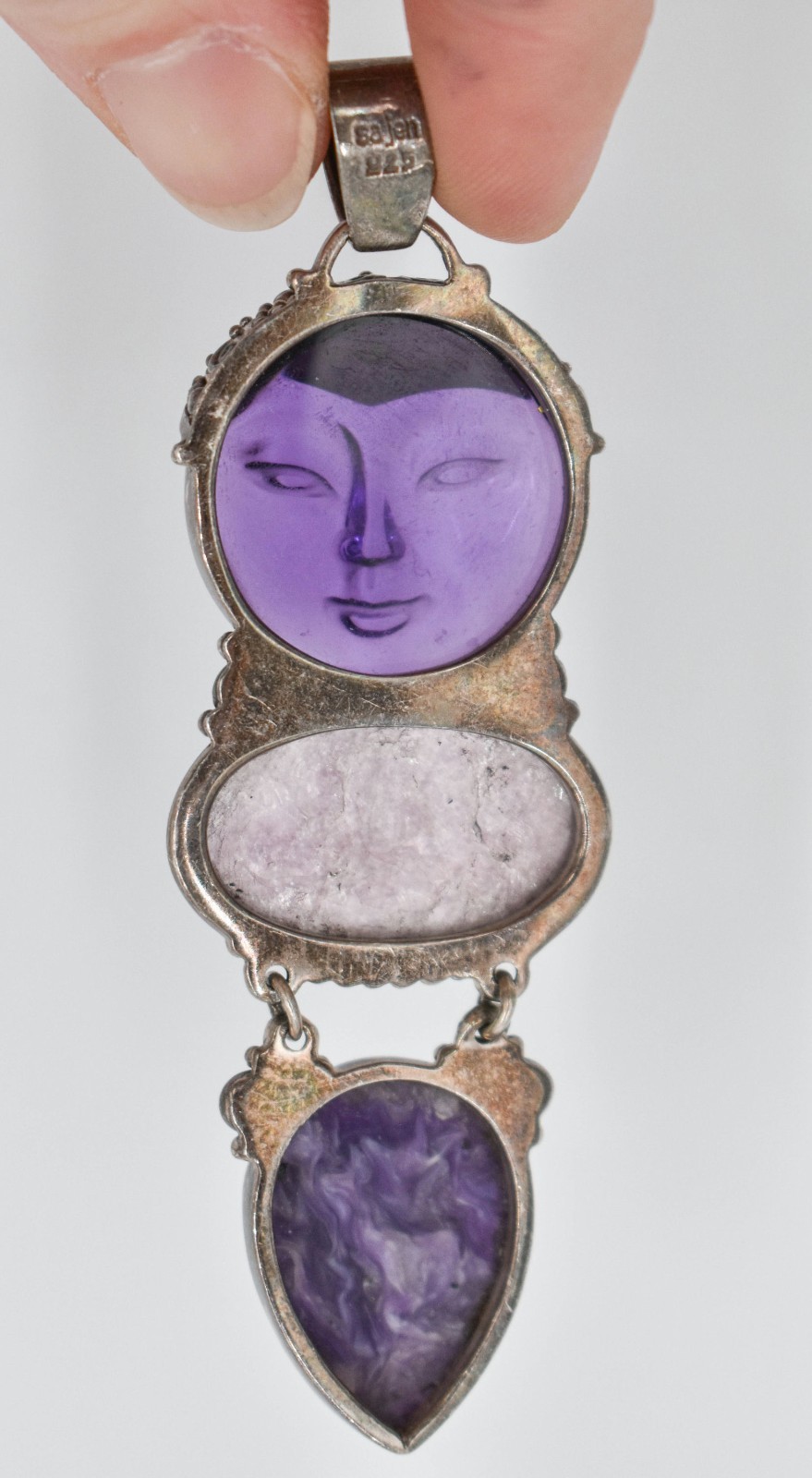 Sajen Sterling Silver 925 Carved Amethyst Fluorite Goddess Pendant