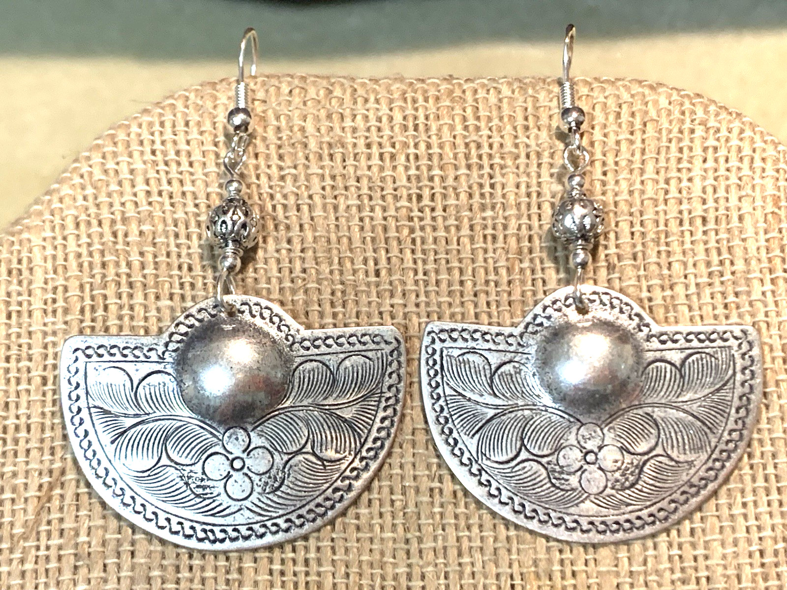 NEW ITEM *MED. ENGRAVED SILVER HILL TRIBE HALF-MOON DROP EARRINGS .925 WIRES-NEW