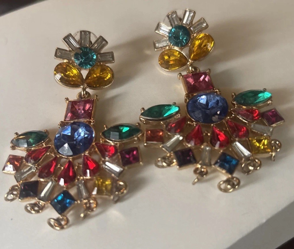 Crystal Earrings 2.75” Vintage Look Multicolor Dangle Statement Retro Jewelry
