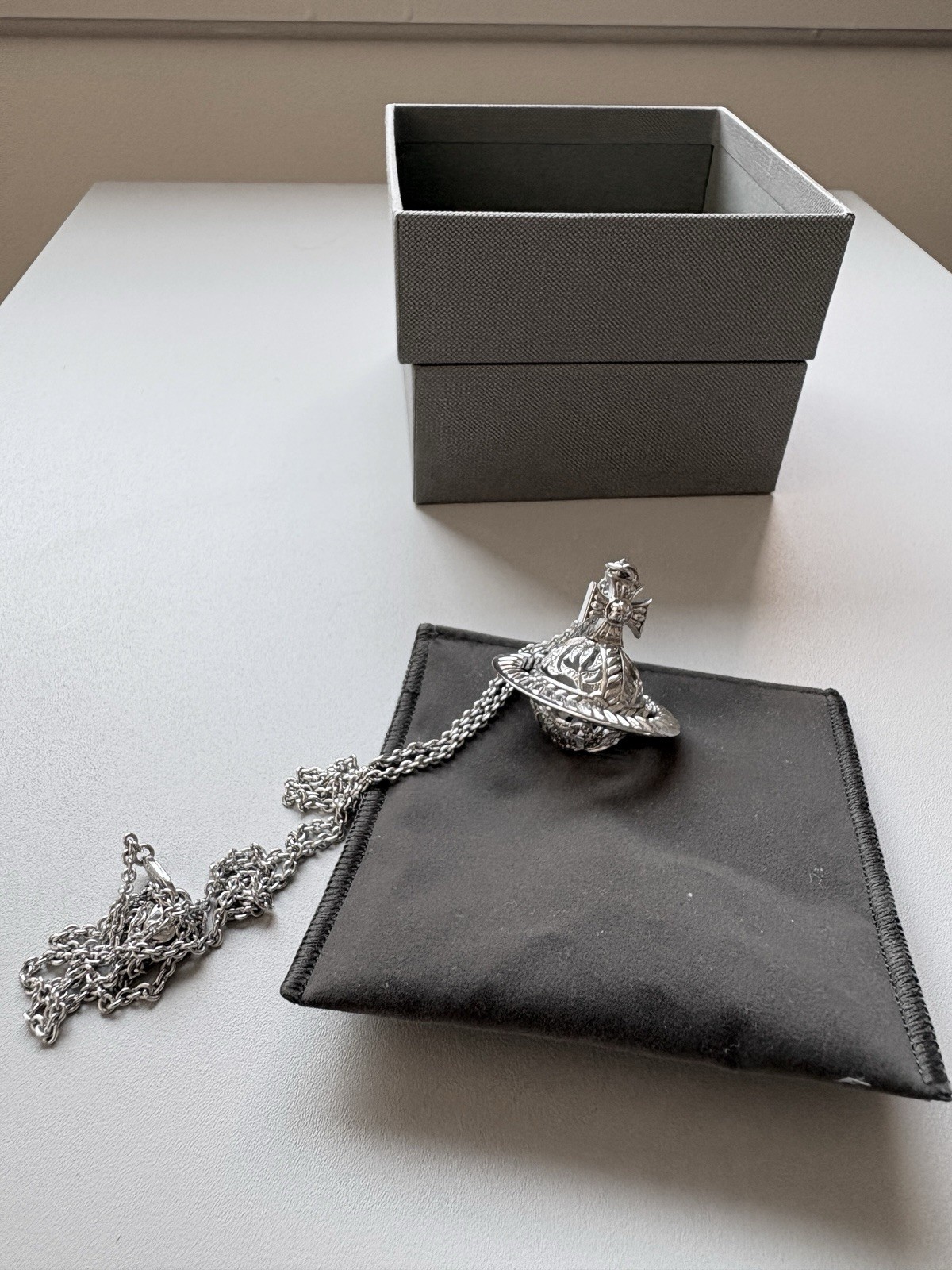 Vivienne Westwood Silver (nature) Orb Pendant Necklace with box and pouch