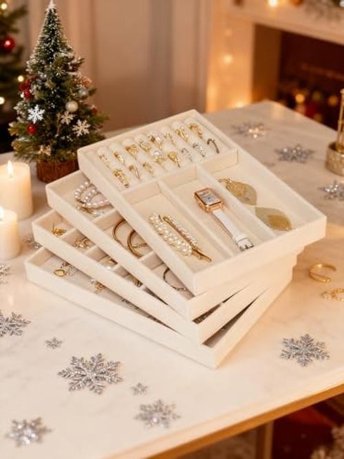4 Jewelry Organizer Drawer Insert, Stackable Velvet Jewelry Tray beige