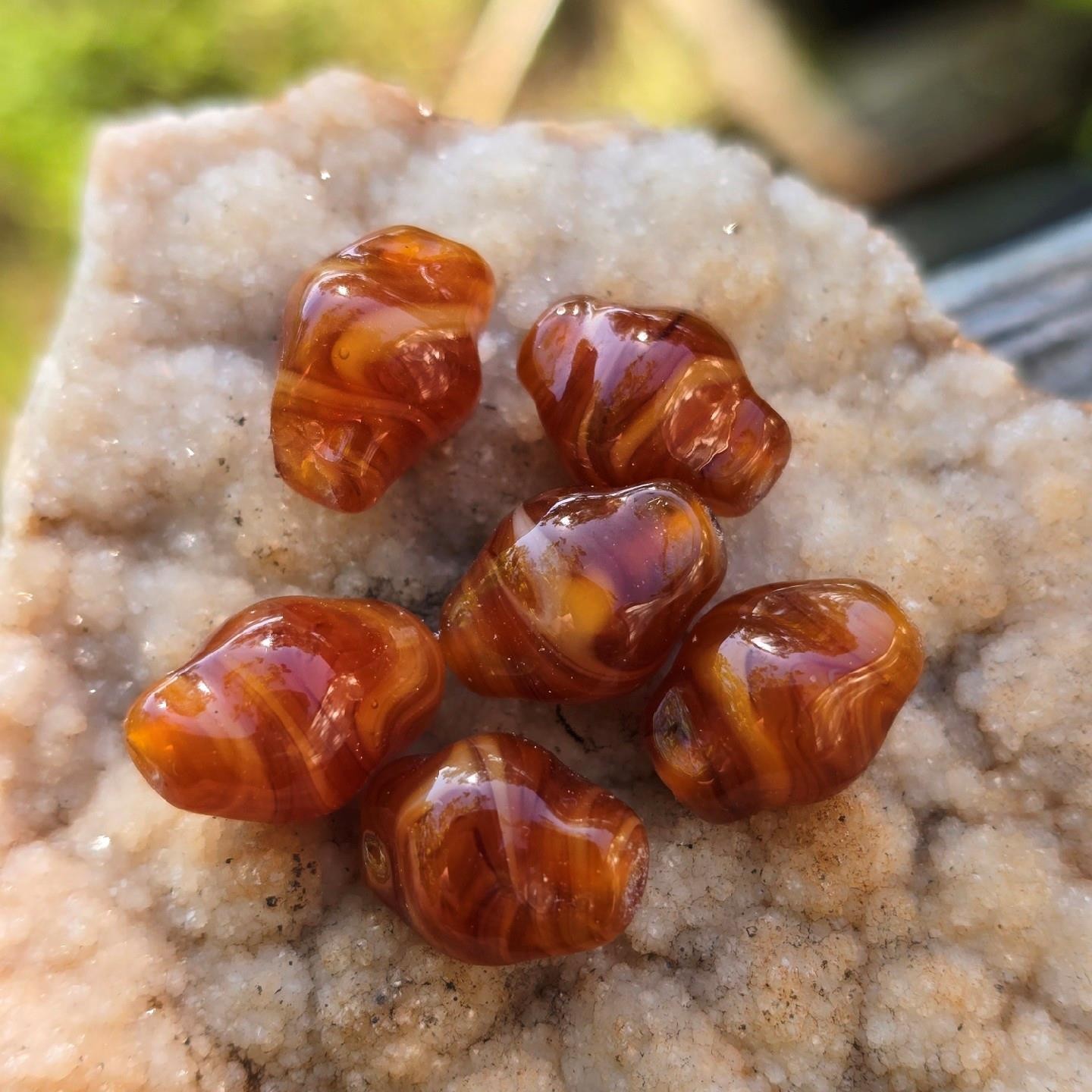 6 Vintage Handmade Lampwork Glass Beads Swirl Caramel Amber Brown Artisan