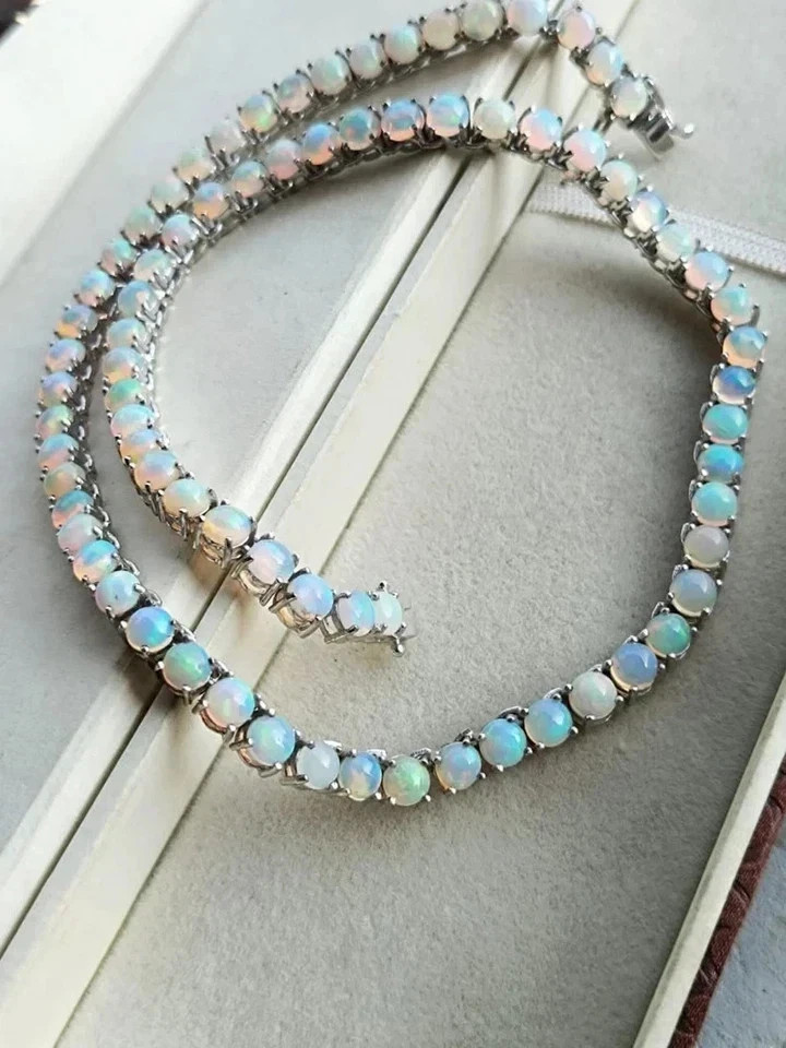 14CT Round Cut Lab Created Fire Opal Women Tennis Necklace 14K White Gold Plated