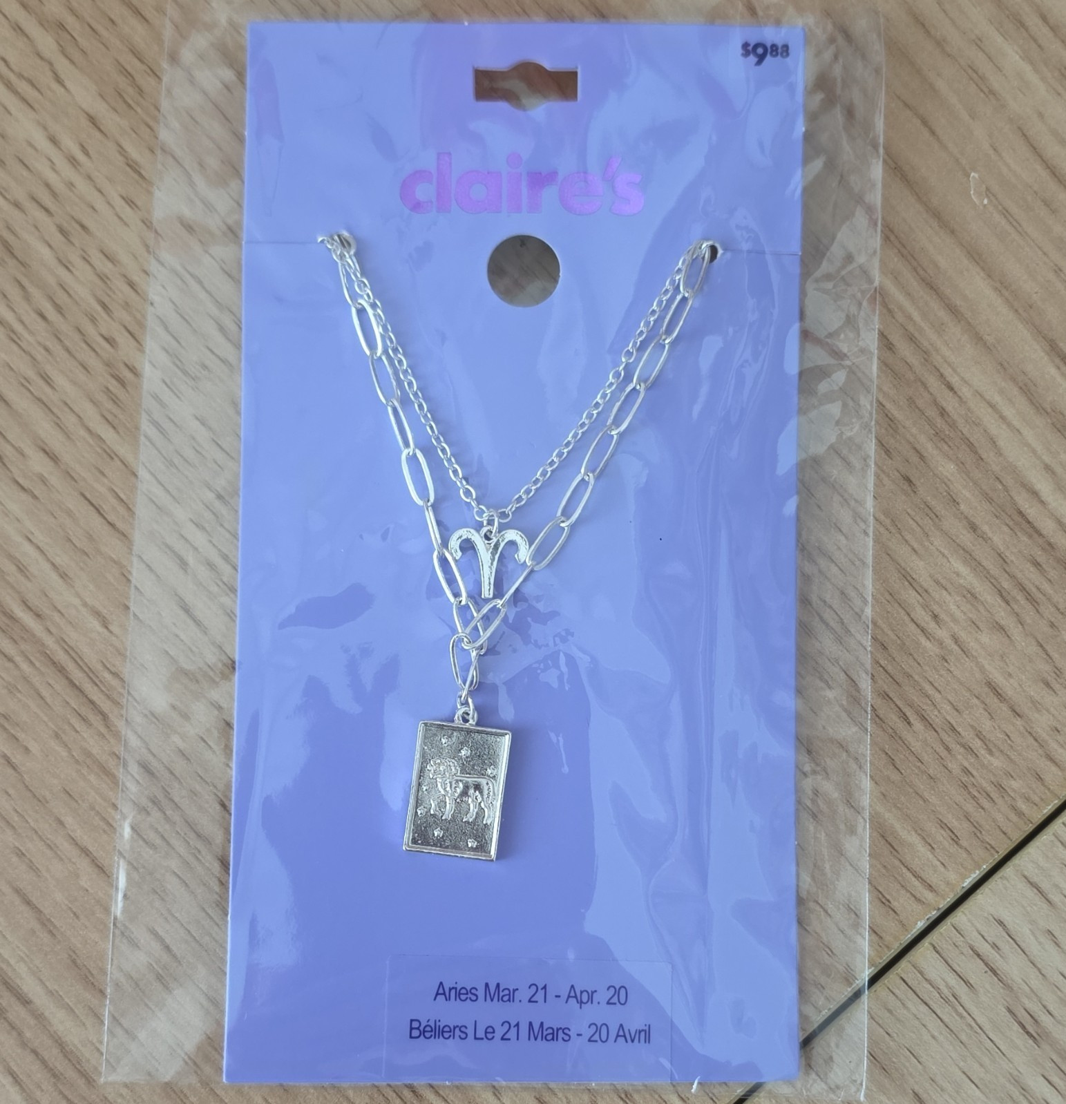 Claire’s Silver Tone Layered Cable Chain Aries Zodiac Rectangle Pendant Necklace