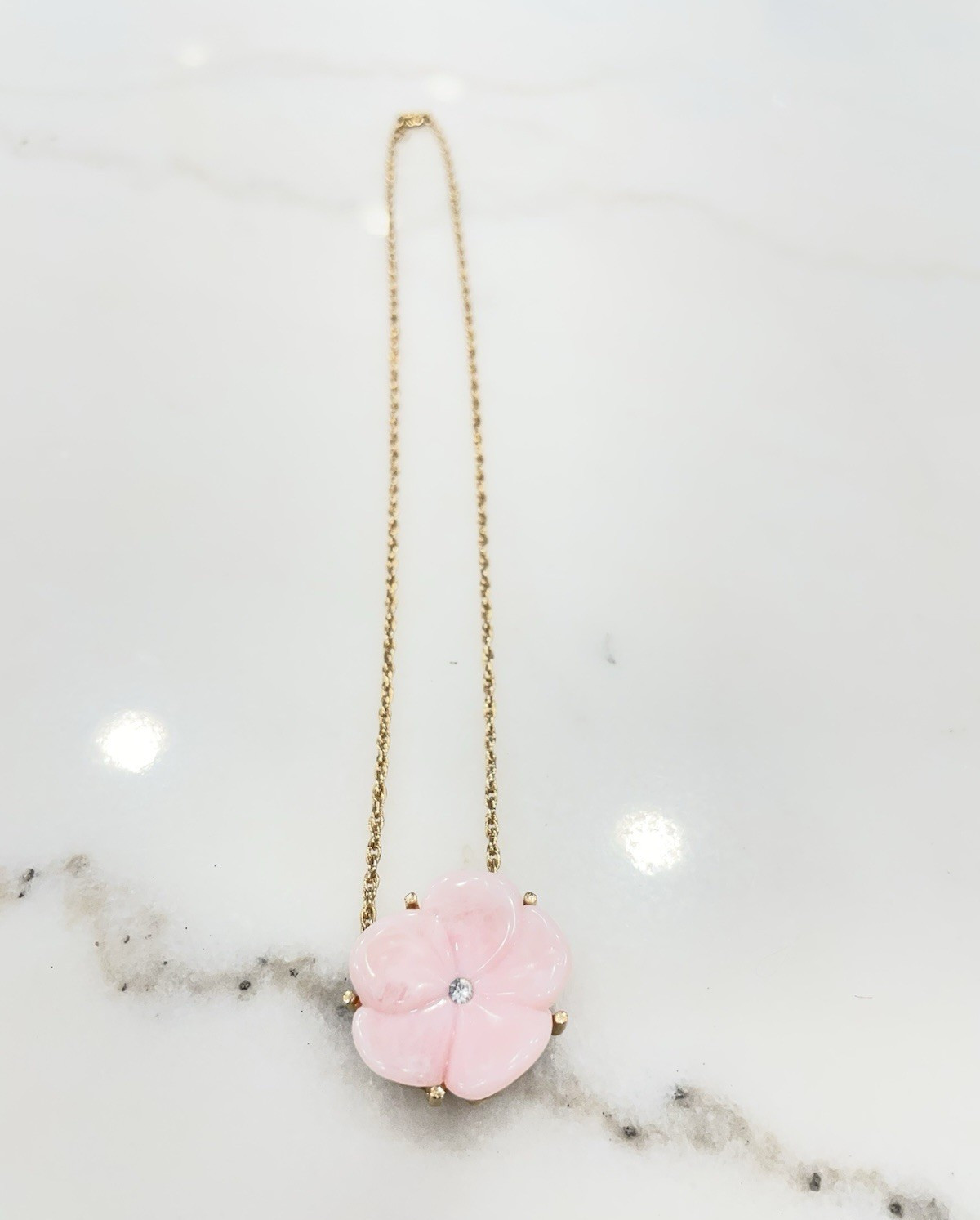 Vintage Avon Pink Carved Flower Pendant Necklace Gold Tone Rhinestone Center