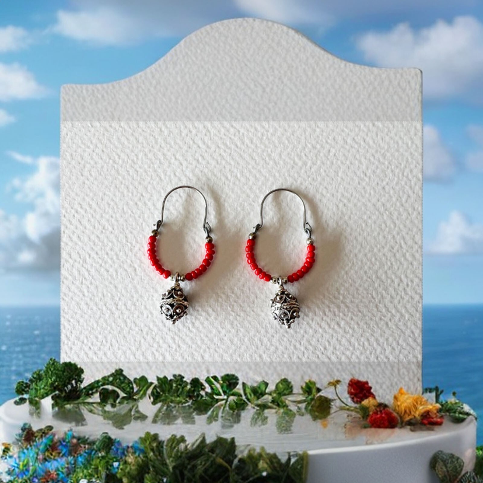 Traditional Croatian Handmade Earrings With Red Pearls & Sibenik Button Pendant