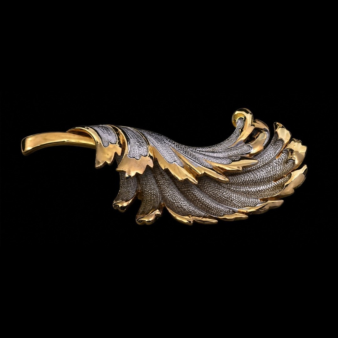 Vintage Kramer NY Gold Silver Tone Leaf Brooch Pin Textured Designer Signed