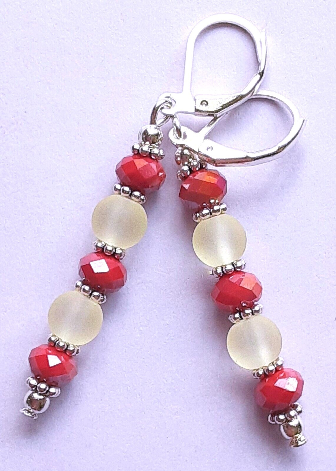 FACETED & FROSTED red and white drop earring SP LEVERBACK HANDCRAFTED #300-15