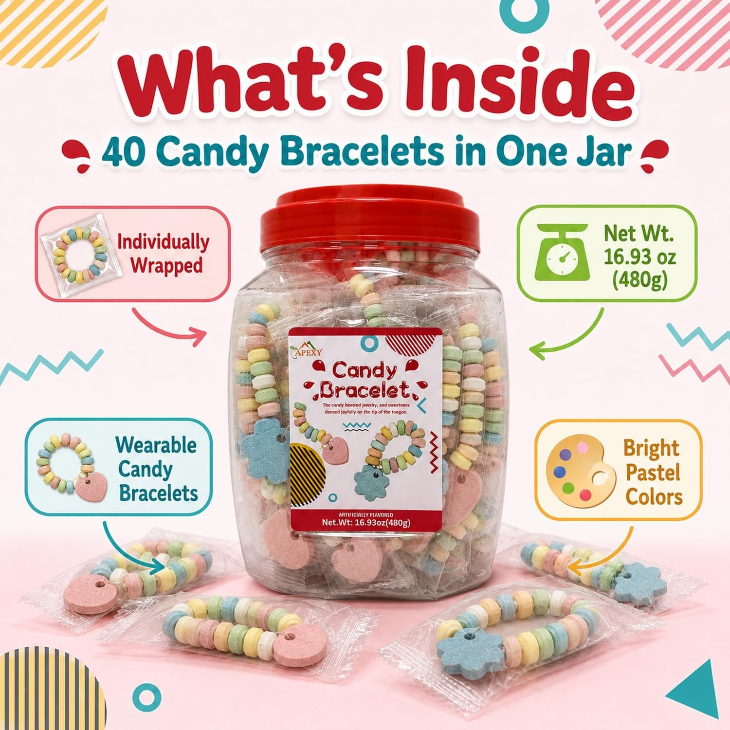 Mixed-Fruit Candy Bracelets – 40 Individually Wrapped for Halloween & Parties