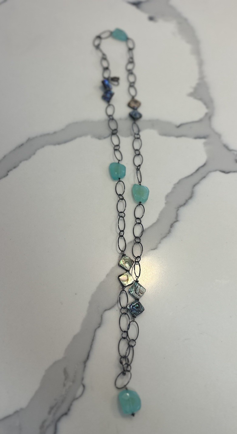 Boho Vintage Style Aqua Color Faux Stone & Abalone Shell Statement Necklace 21”