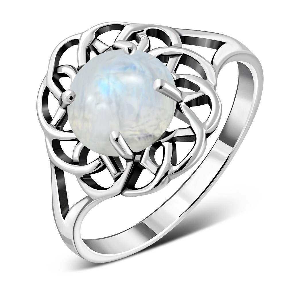 Rainbow Moonstone Celtic Sterling Silver Ring Size S- MORE SIZES AVAILABLE