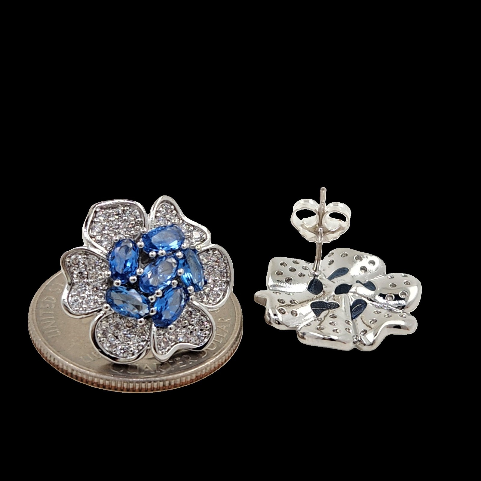 925 Sterling Silver 3x4mm Oval Sapphire 3/4” Flower Earrings Gemstone