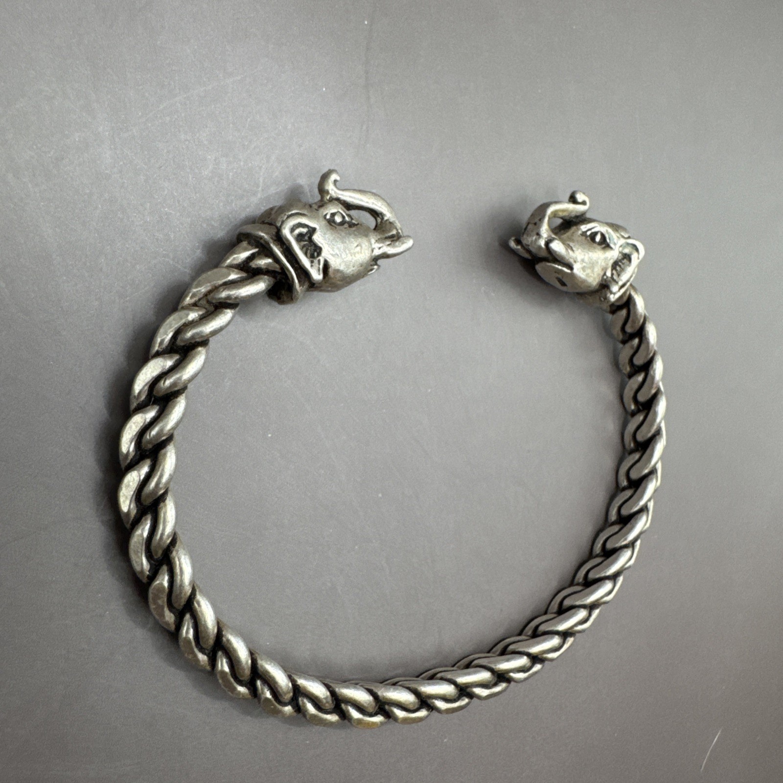 Sterling Silver Elephant Head Cuff Bracelet Open Ended Braided Bangle 39 grams