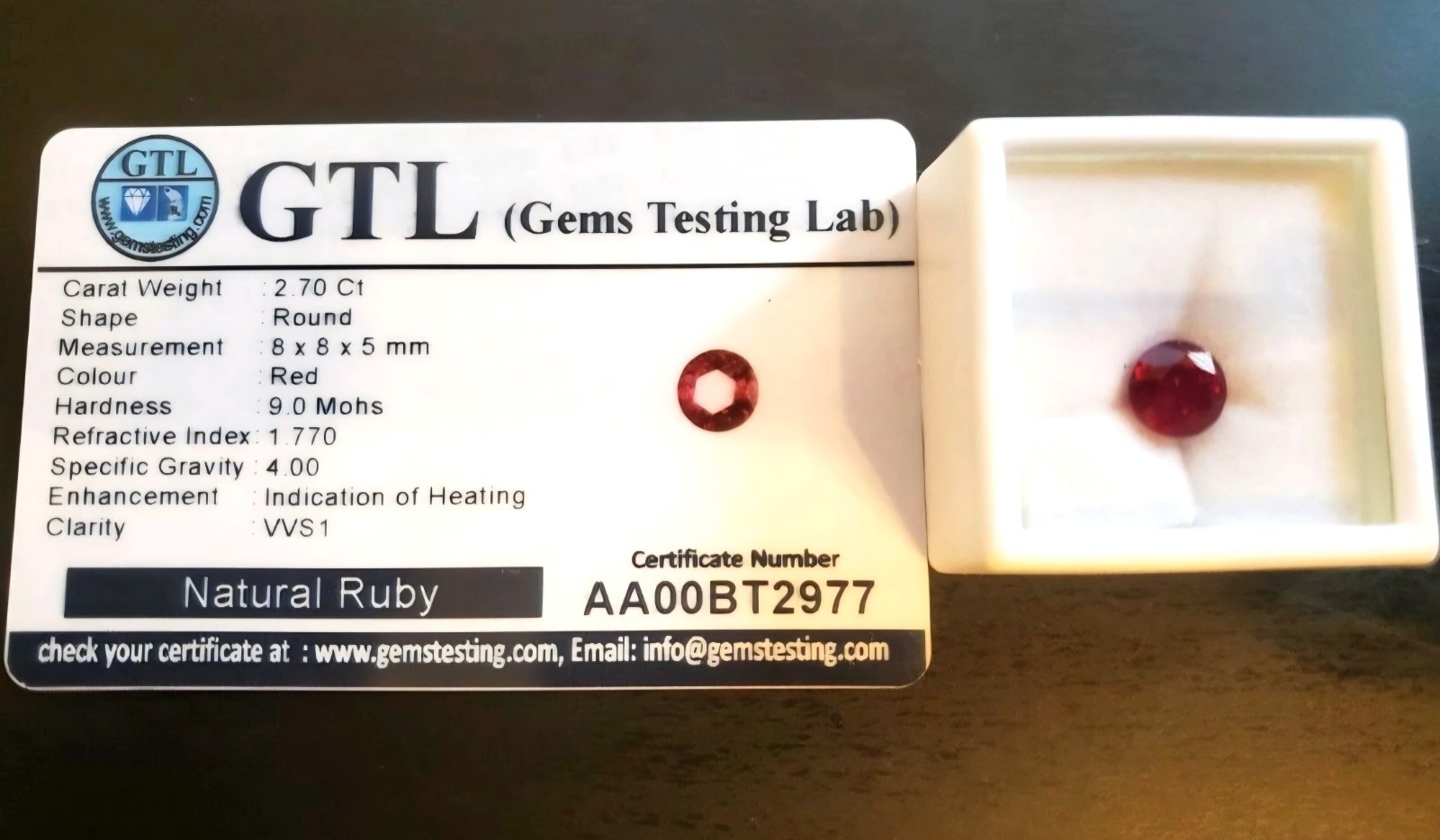 2.70 Ct VVS1 w GTL Certificate Natural Mozambique Red Ruby Round