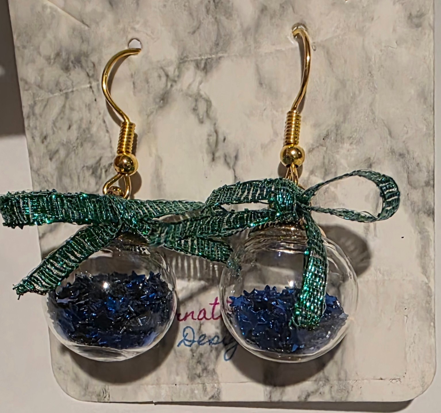 Christmas Mini Globe Earrings Handmade with Sparkly Dark Blue Confetti and a Bow