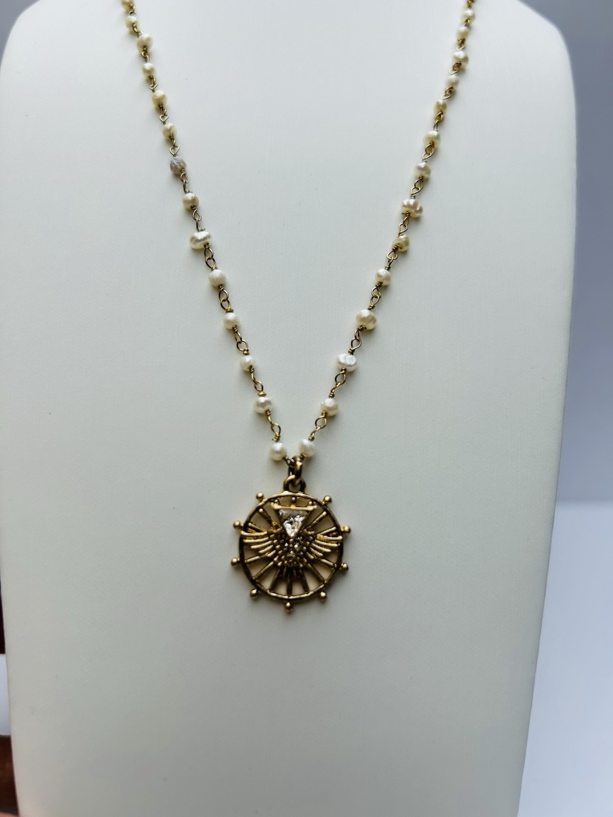 CAbi Gold Tone Pearl Necklace Medallion Pendant Adjustable Statement