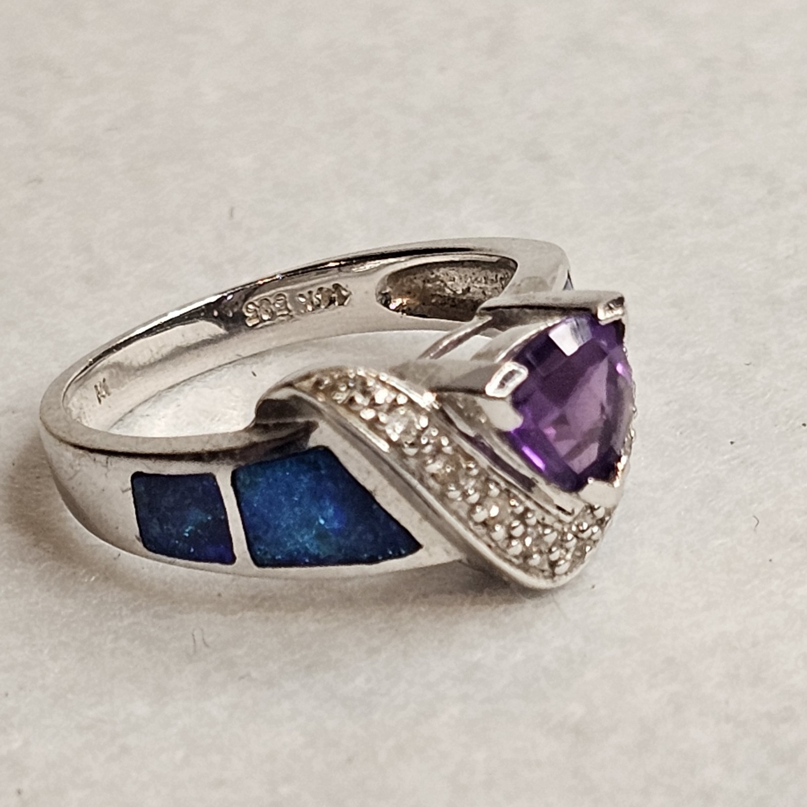 14K White Gold Amethyst Diamond Opal Inlay Ring Designer Style Estate Sz 6.25