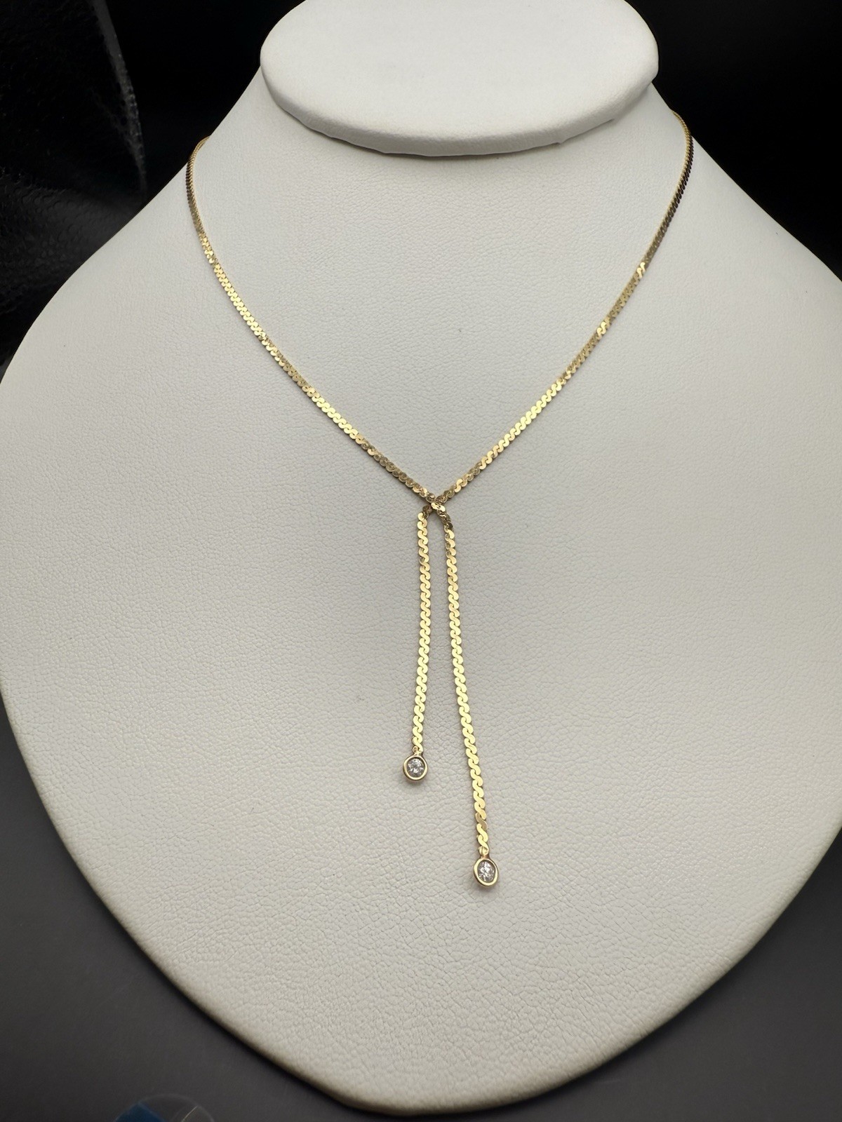 Vintage 14k Solid Yellow Gold Serpentine Lariat Necklace w/Diamonds 4.5g,18.5in